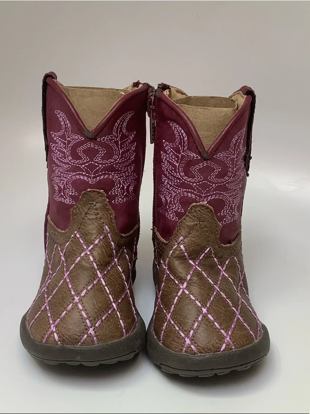 Roper Cowbabies Brown Burgundy Western-Style Boots Pink Stitching Baby Size 3